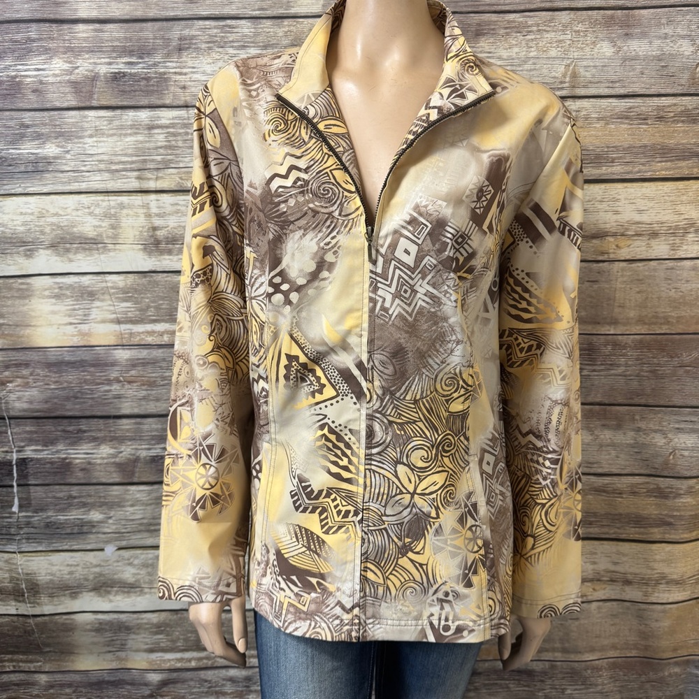 Weekend by Chico’s Zip Front Jacket size 3 L Large 16 Yellow Collared Printed‎